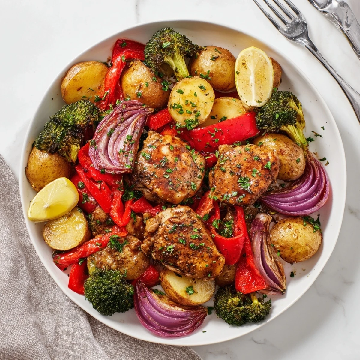 Savory Lazy Gourmet Chicken & Vegetable One-Pot served with fresh parsley and lemon.  