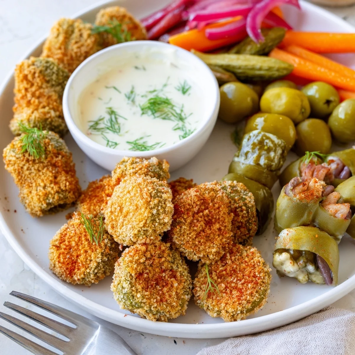 A delicious spread featuring fried pickles and pickled bites, perfect for pickle enthusiasts.  