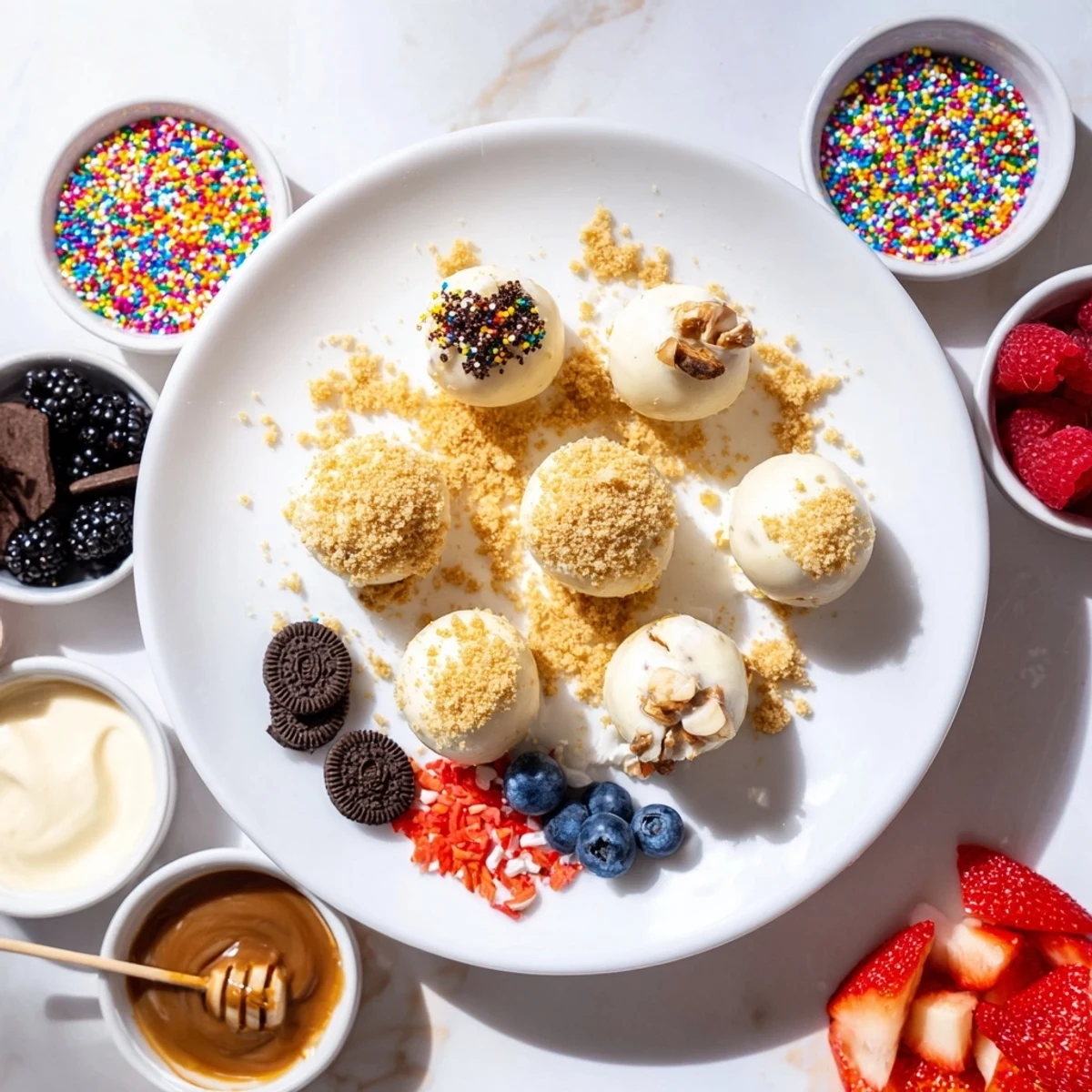 Delicious cheesecake bites on a vibrant board, inviting customizable toppings for everyone.