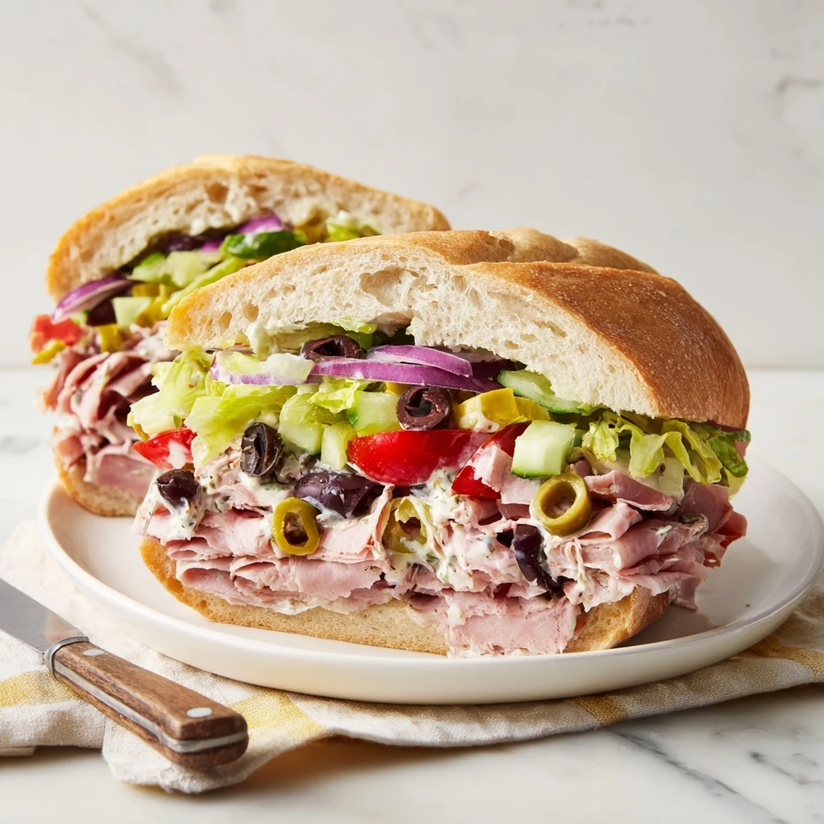 A close-up of Flavor Mash-Up Sandwiches showcasing melted provolone and fresh ingredients.  