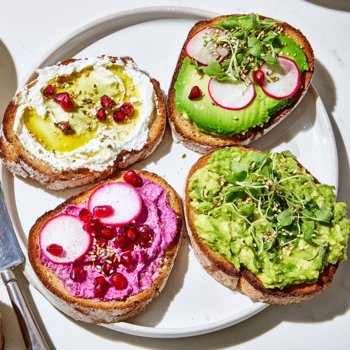 Vibrant Bright & Bold Breakfast Toasts topped with creamy ube and fresh avocado.  