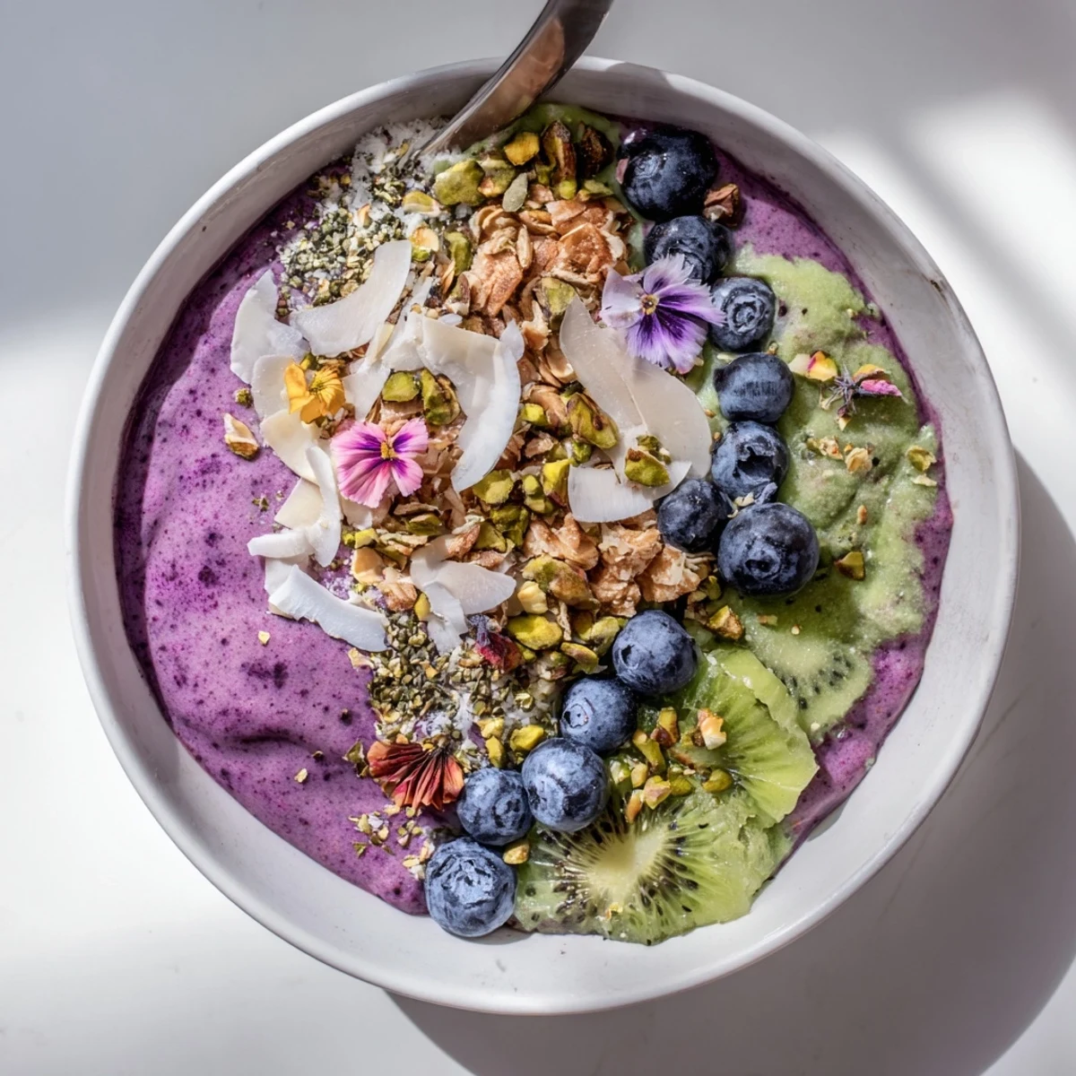 Colorful Vibrant Smoothie Bowls topped with fresh fruit and crunchy granola.