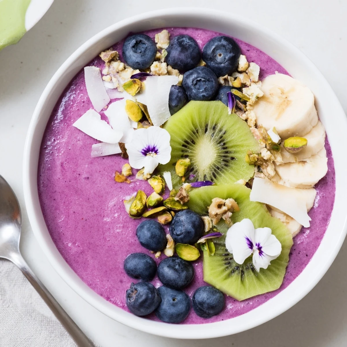 Delicious Vibrant Smoothie Bowls with purple yam and pistachio for a nutritious breakfast.