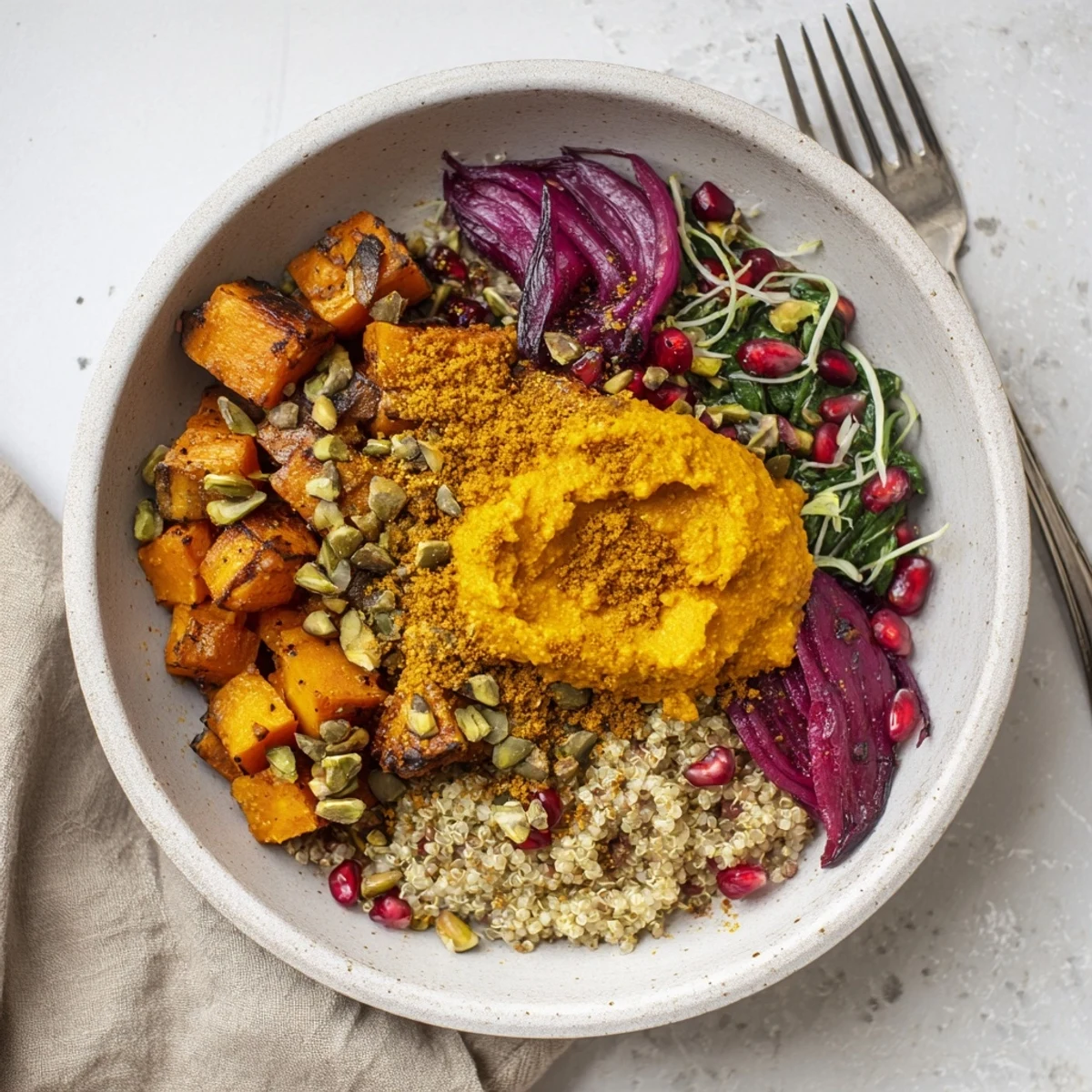 Colorful, nutrient-rich spiced winter bowls topped with pistachio-maple crumble and fresh greens.  