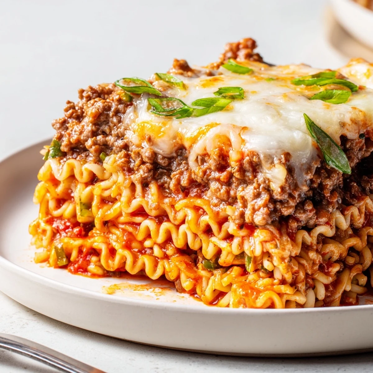 Spicy Ramen Lasagna layered with creamy cheese, zesty pork, and vibrant tomato sauce.  