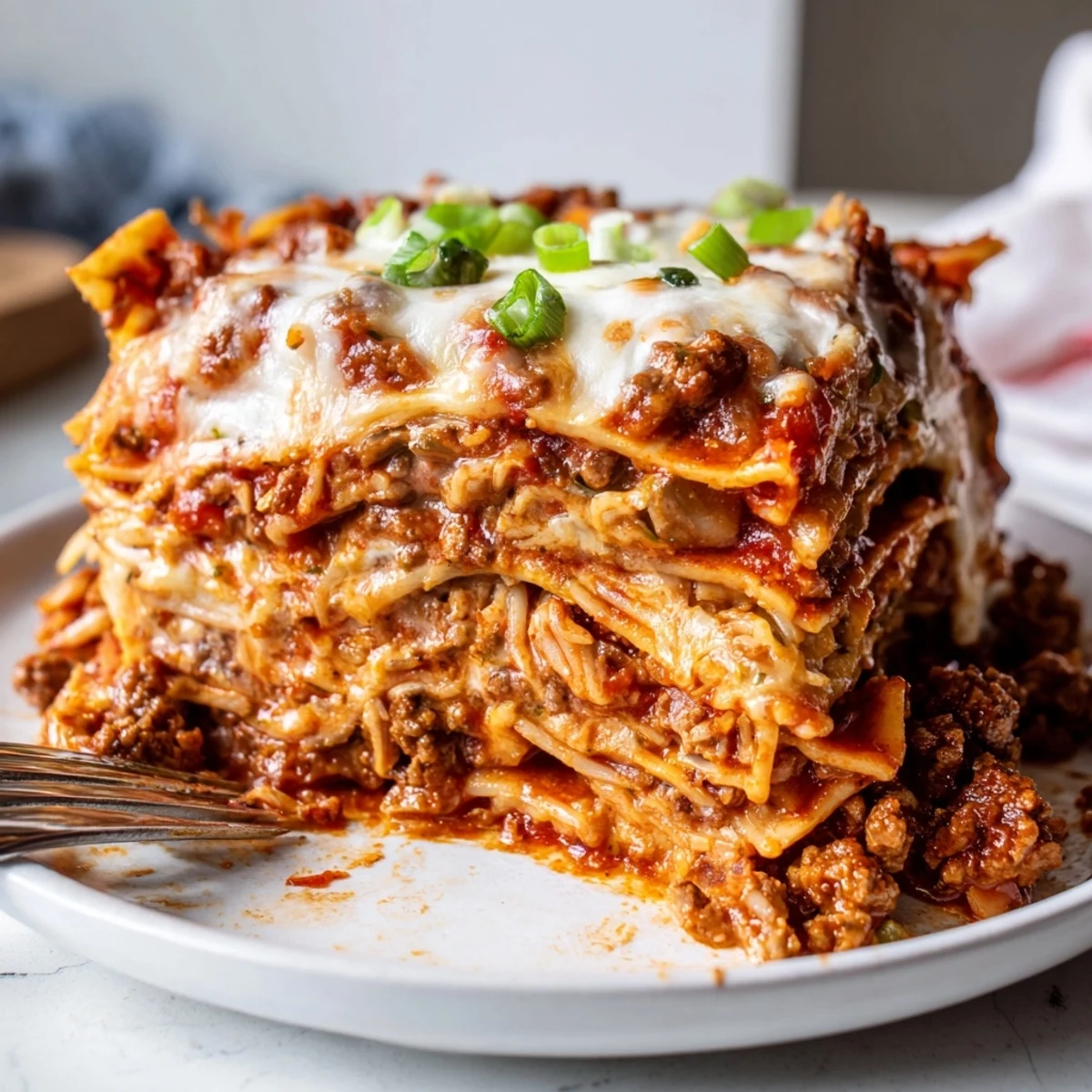Delicious Spicy Ramen Lasagna, featuring colorful layers and a melty cheese topping.  