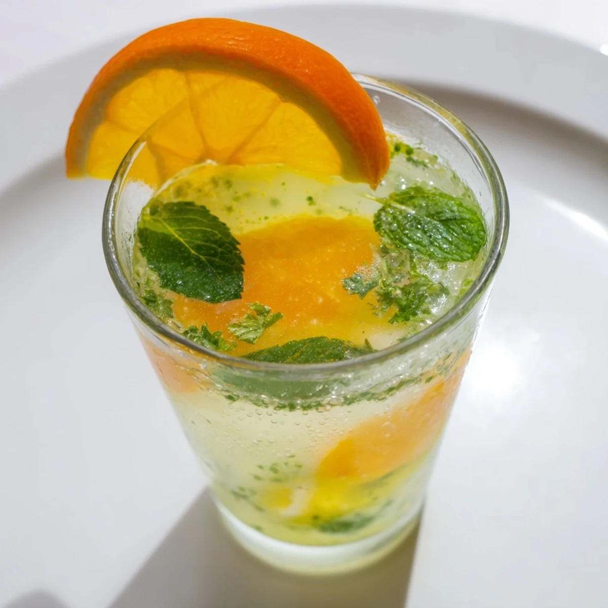Sparkling probiotic soda mocktail in ice-filled glasses, topped with orange slices for a vibrant touch.