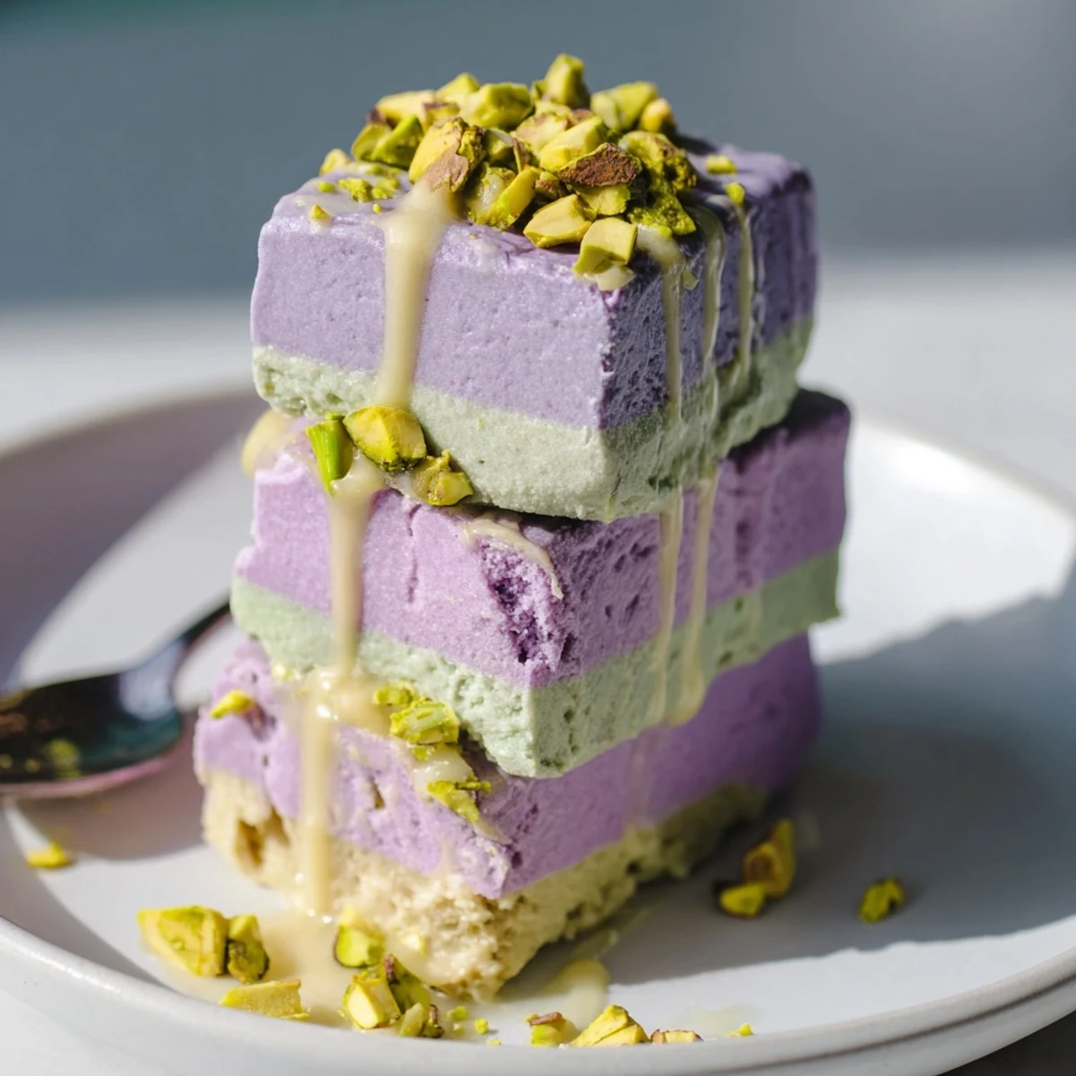 Creamy ube and pistachio ice cream bars, perfect for a hot summer day.  