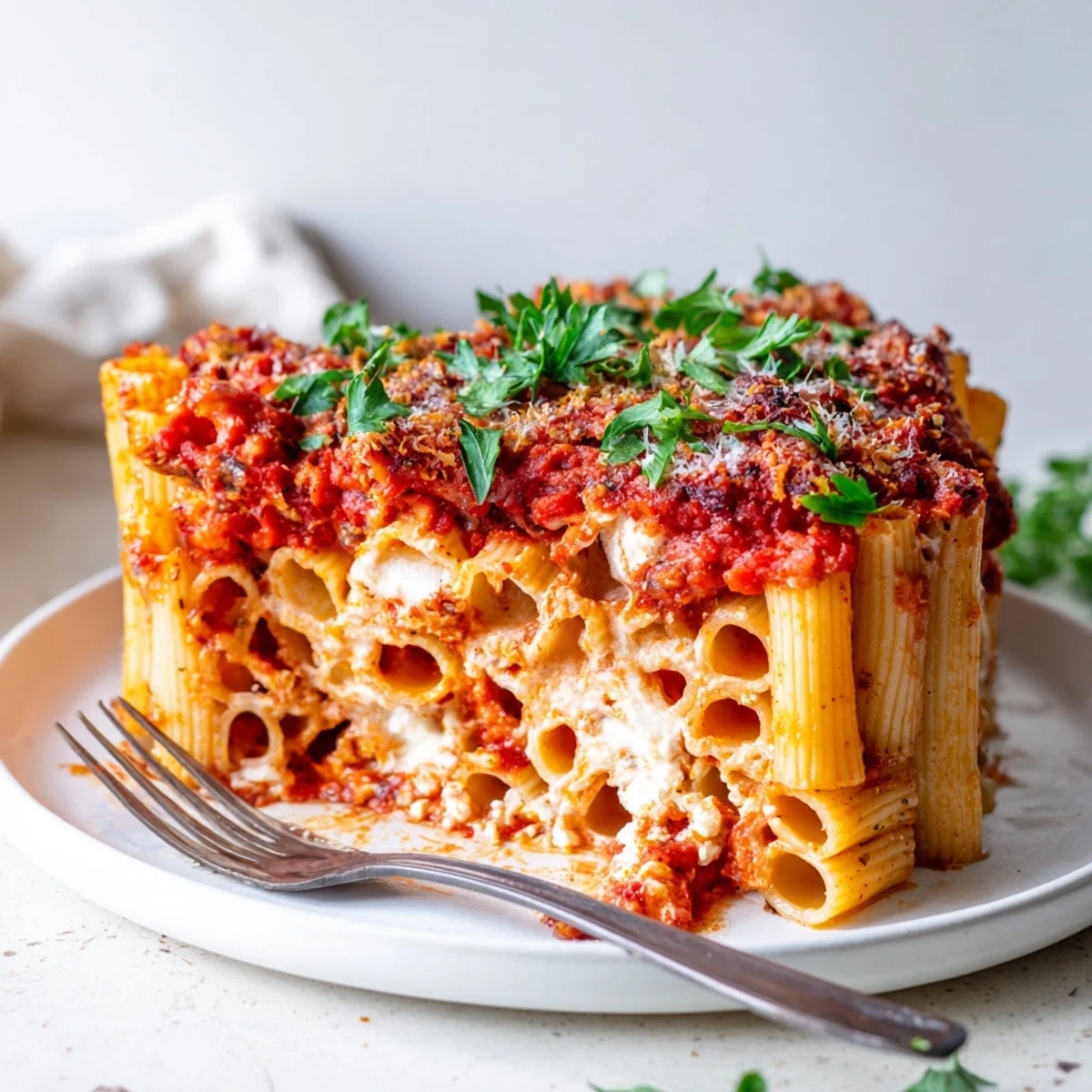 Stunning Honeycomb Pasta Cake baked with tomato sauce, ricotta, and melted cheese.  