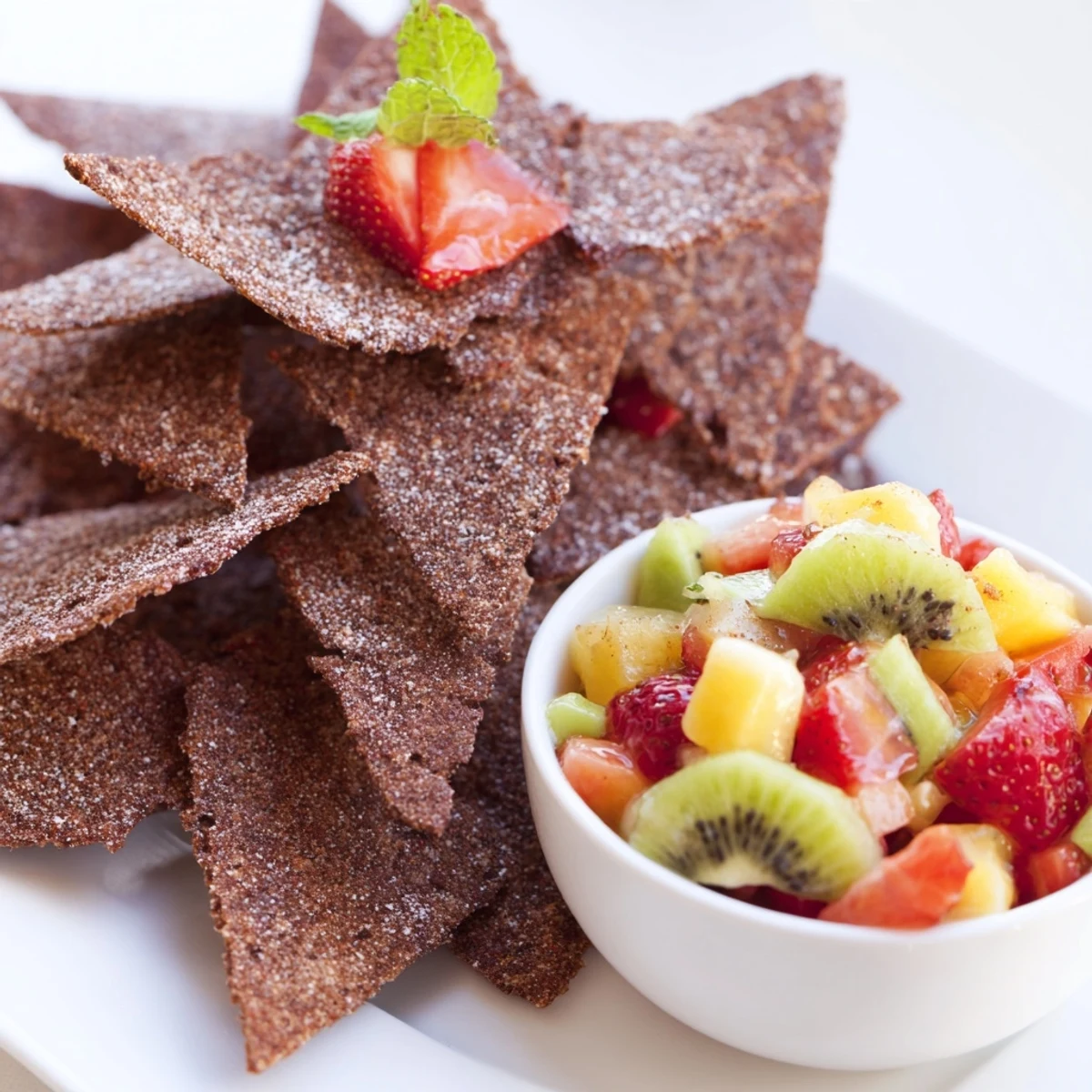 Crispy chocolate tortilla chips served with vibrant fruit salsa for a fun dessert.  