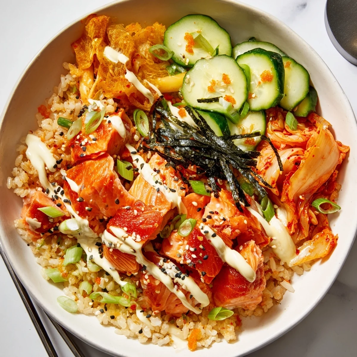 A colorful Crispy Salmon Rice Bowl topped with spicy mayo and fresh avocado slices.  