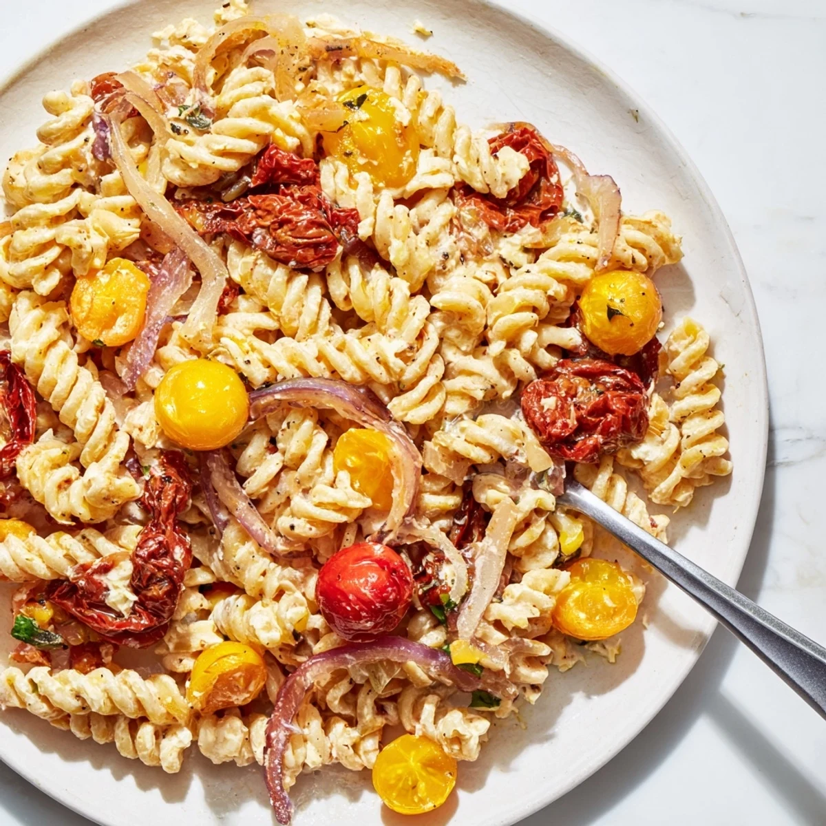Creamy Baked Feta Pasta with caramelized onions and cherry tomatoes, perfect for dinner.  