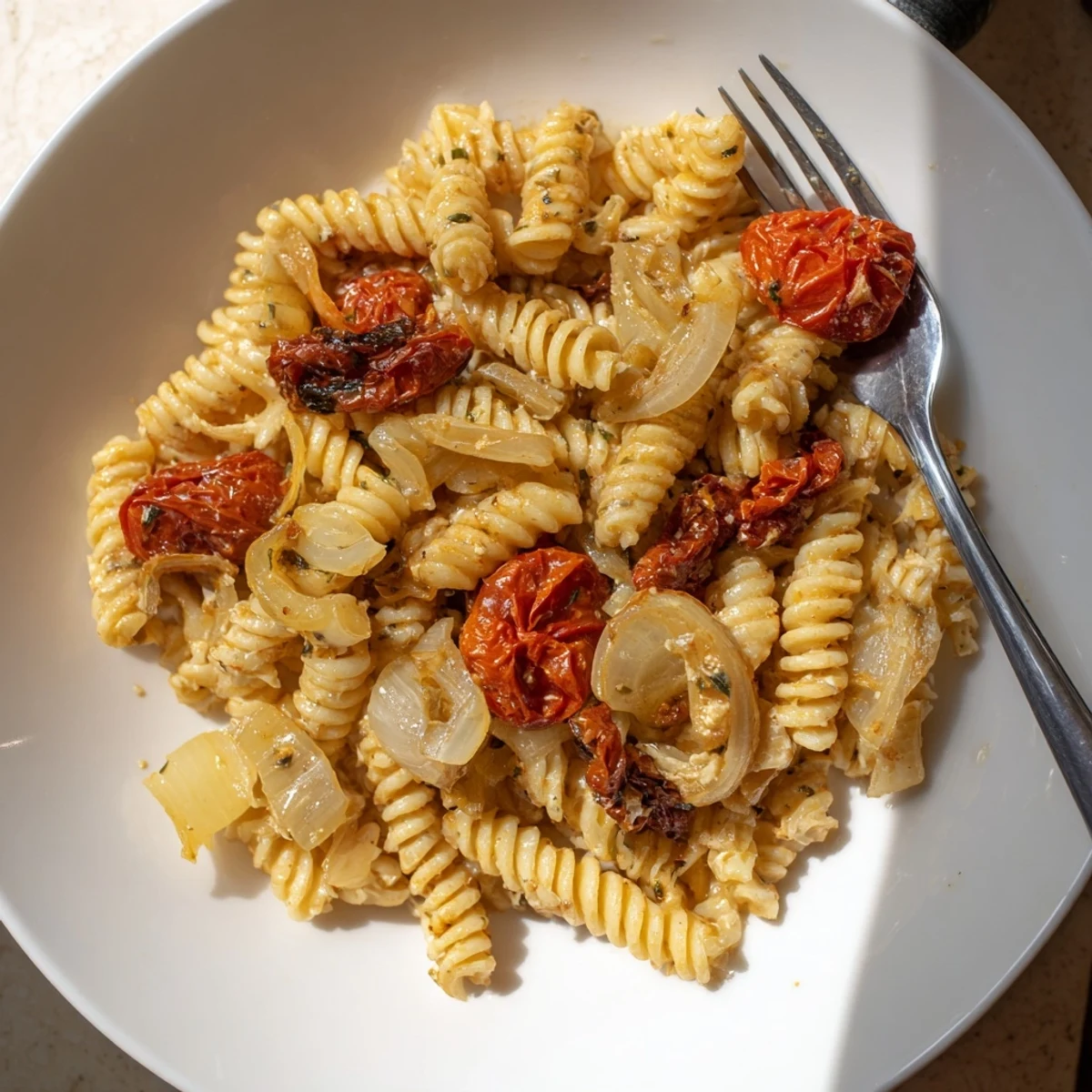 Delicious Baked Feta Pasta topped with fresh basil, ideal for an easy weeknight meal.