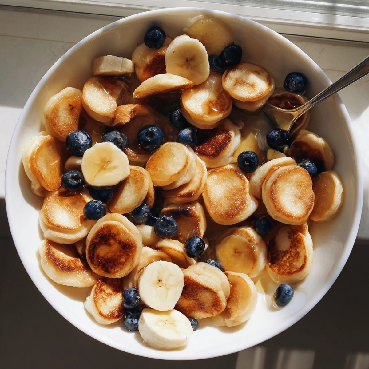 Delicious mini pancake cereal served in a bowl with fresh berries and syrup.  