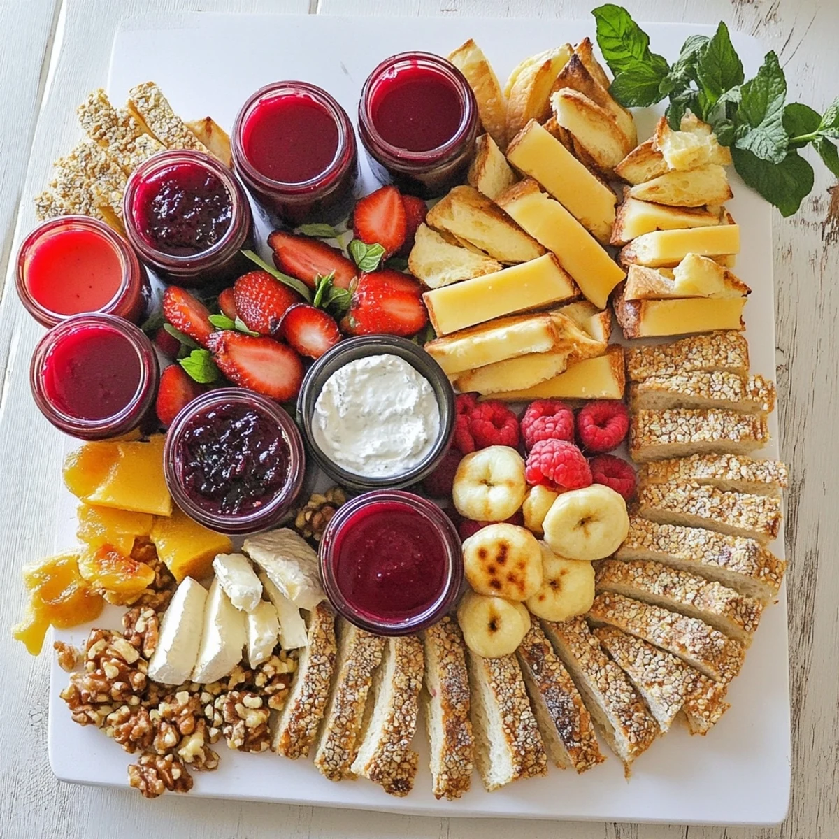 A colorful jam-infused brunch board featuring cheeses, fresh fruits, and artisan breads.  