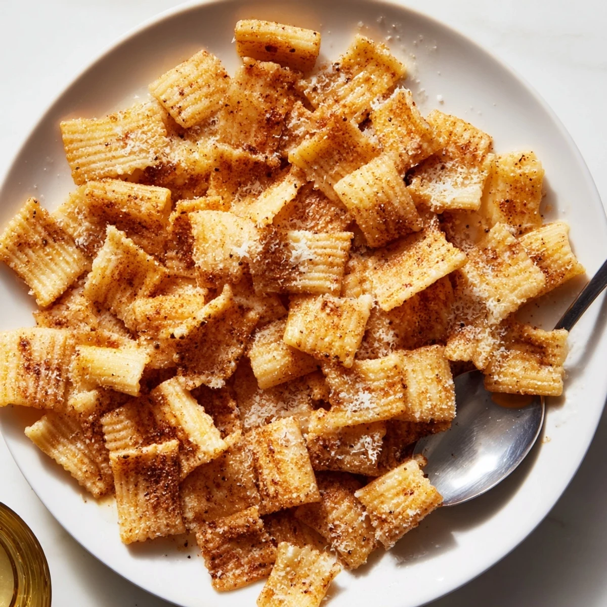 Crispy Pasta Chips seasoned variety, perfect for snacking with flavorful dips.  
