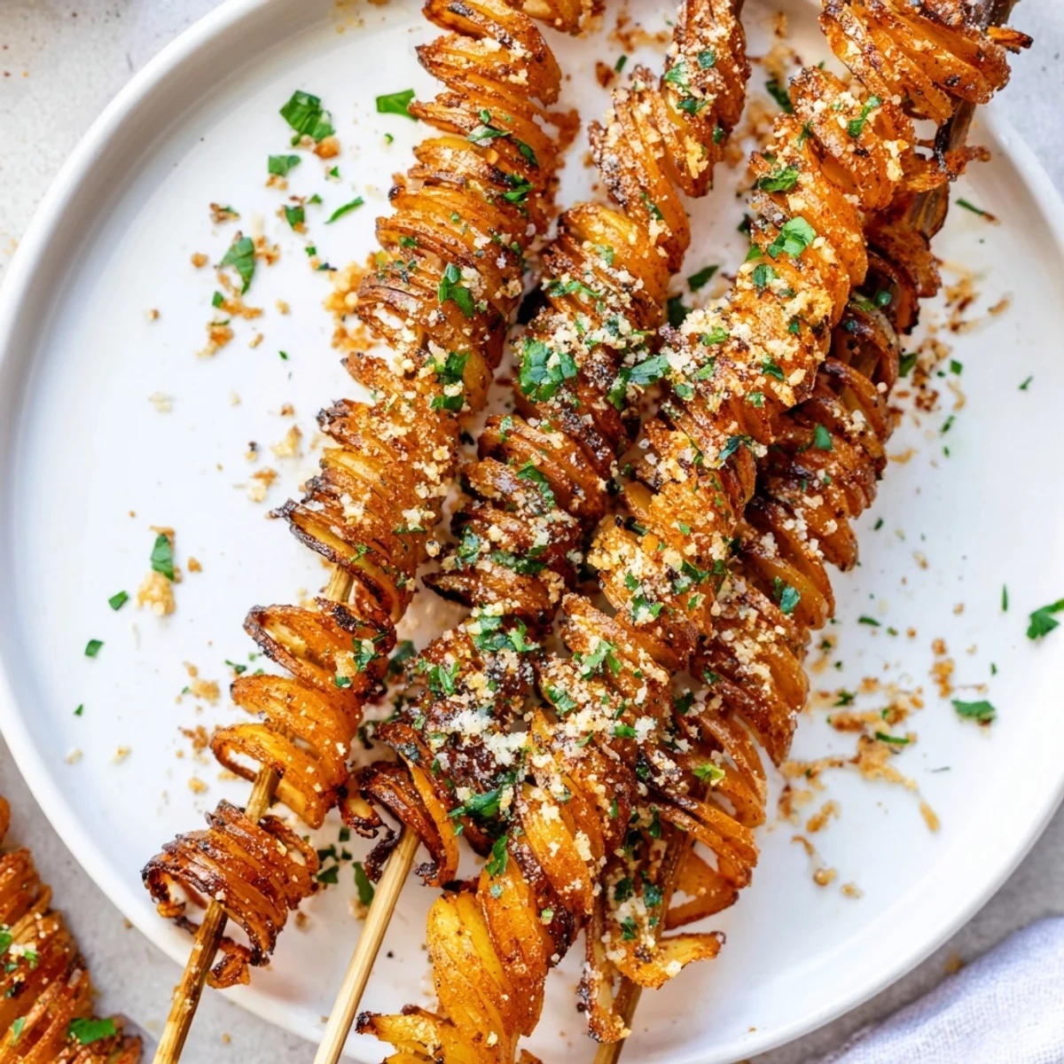 Crispy Air-Fryer Tornado Potatoes skewered with spices for a delightful snack experience.  