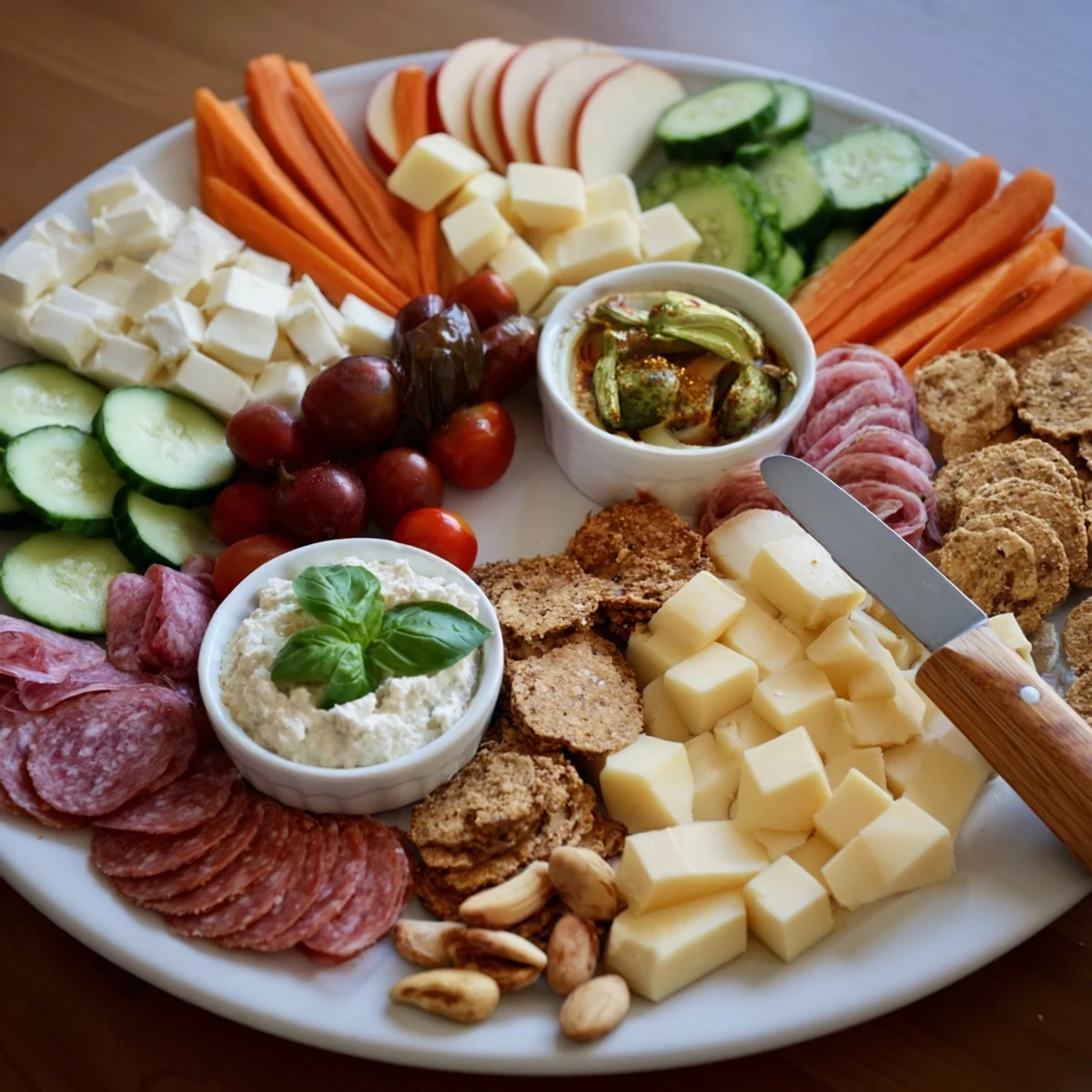 Colorful girl dinner platter filled with cheeses, fruits, and dips for sharing.  