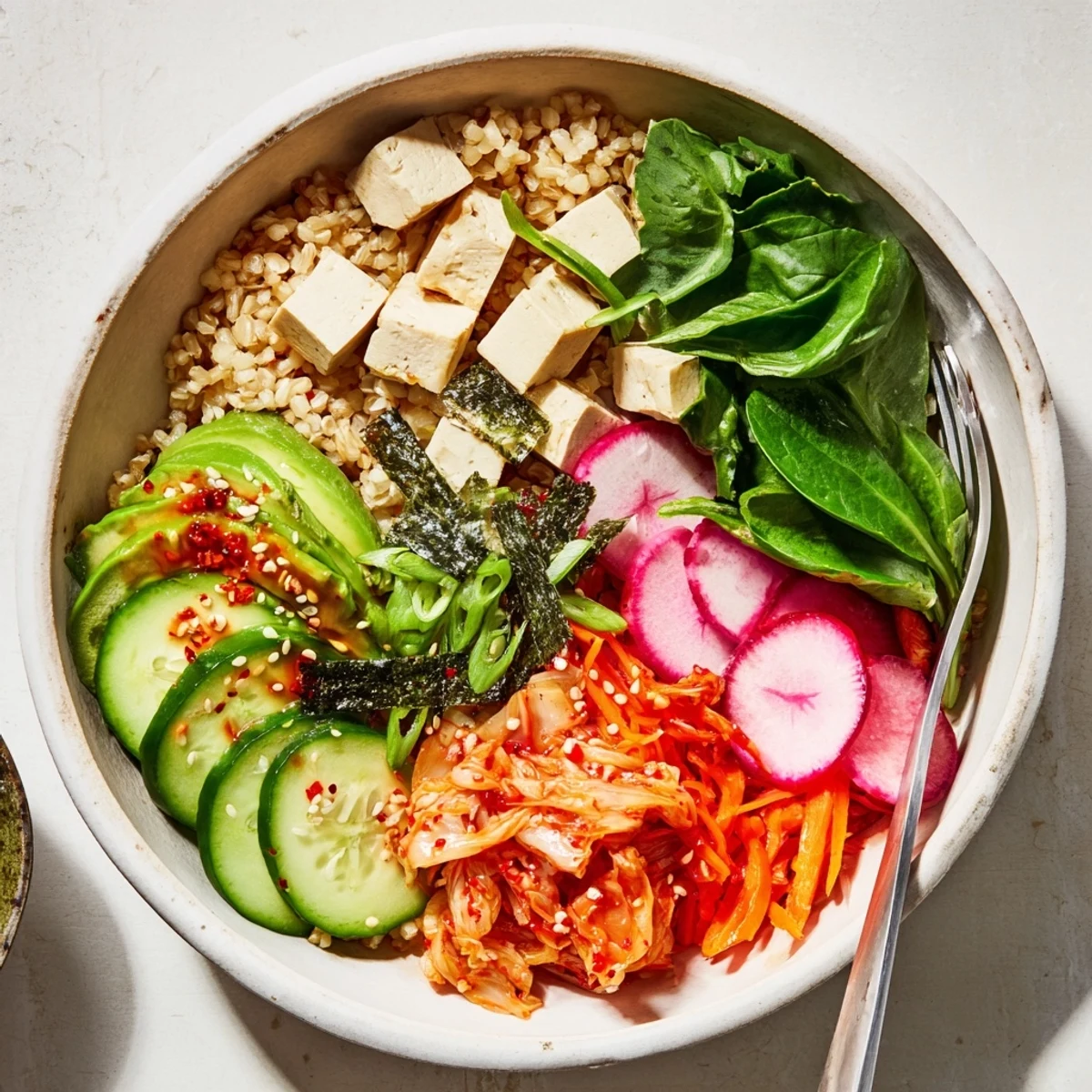 A vibrant Fermented Vegetable Bowl topped with fresh veggies and tangy kimchi.  