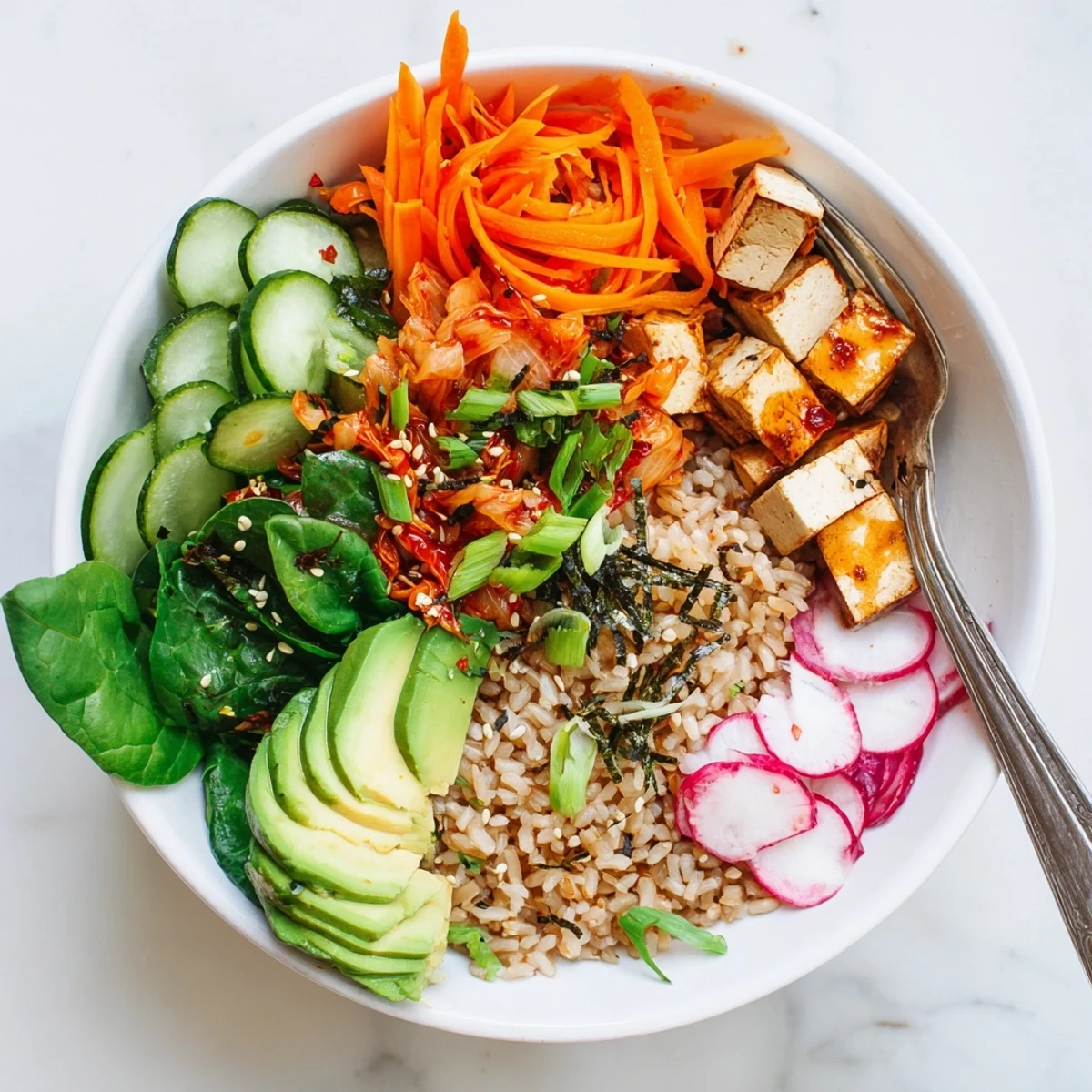 Healthy Fermented Vegetable Bowl featuring colorful produce, grains, and savory dressing.  