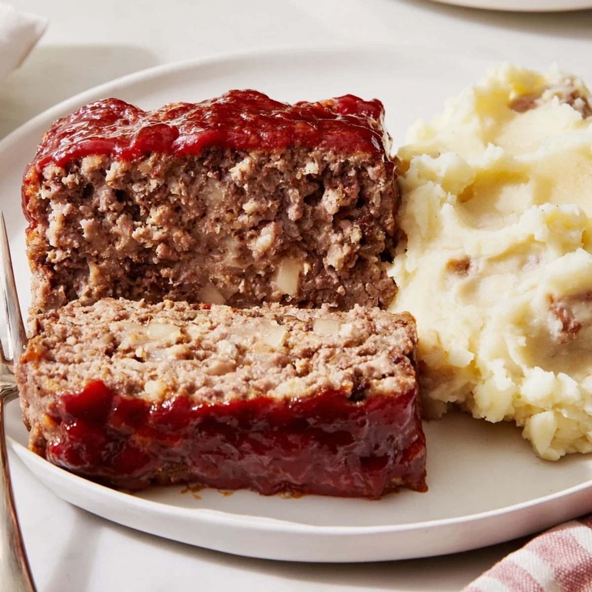 A delicious slice of classic meatloaf, dripping with savory glaze next to creamy mashed potatoes.  