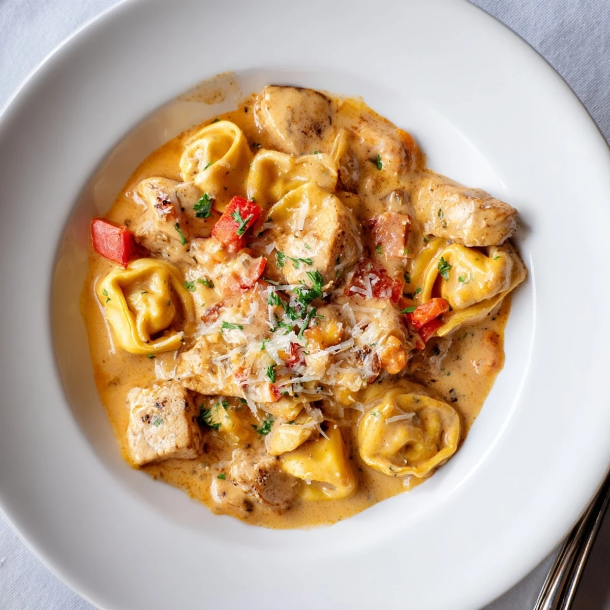 Zesty Cajun Garlic Parmesan Chicken Tortellini in a creamy sauce with fresh herbs.  