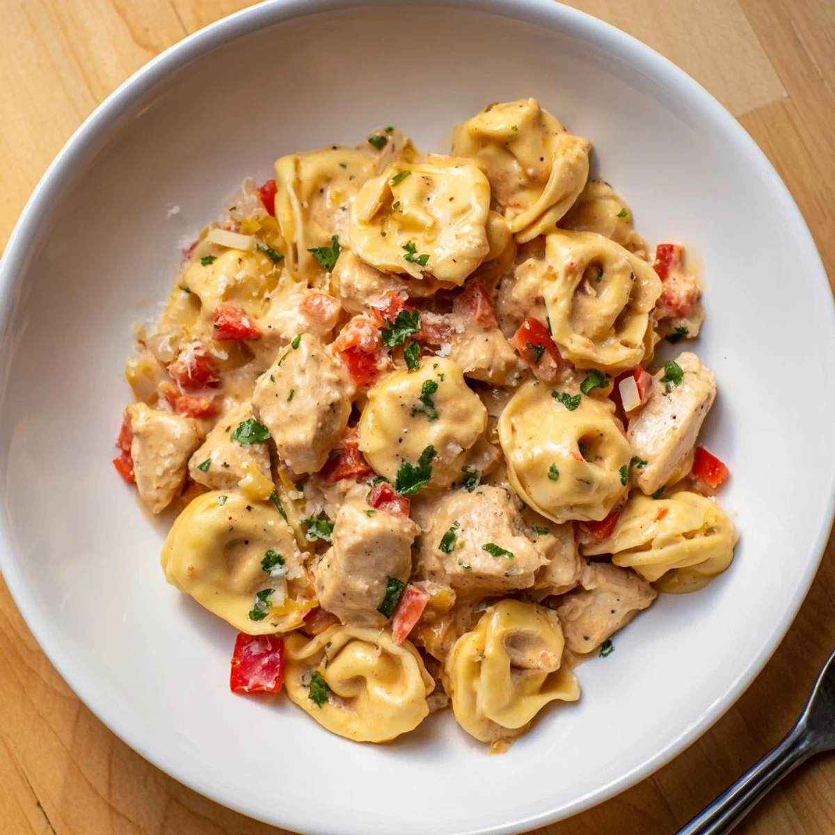 Creamy Zesty Cajun Garlic Parmesan Chicken Tortellini topped with grated cheese and parsley.  