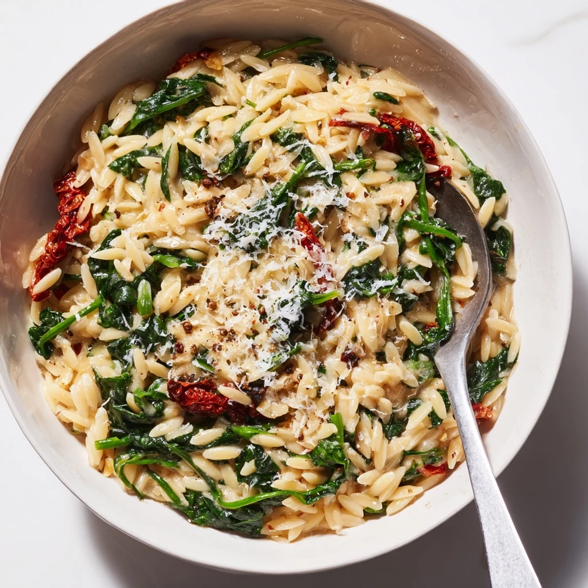 A comforting bowl of creamy Tuscan orzo filled with sun-dried tomatoes and spinach.  