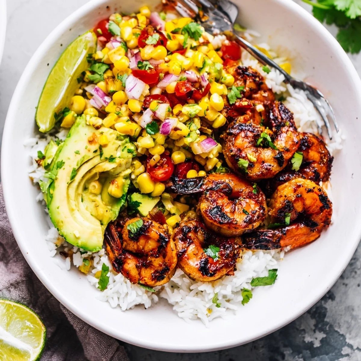 Delicious Easy Grilled Shrimp Bowl topped with vibrant avocado corn salsa and lime.  