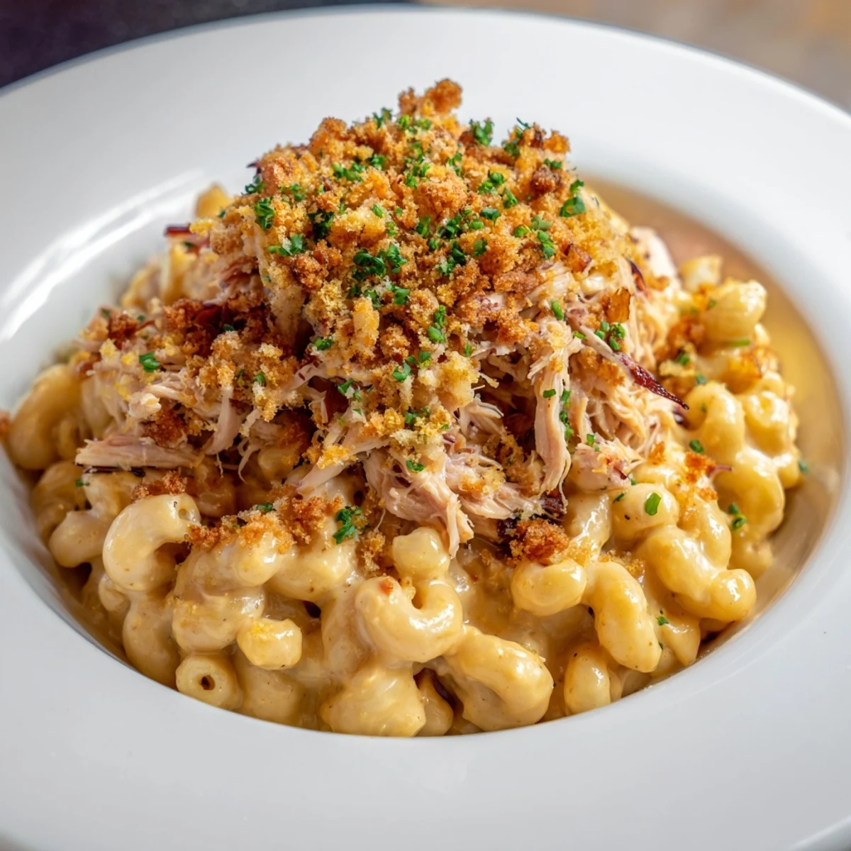 Classic Mac & Cheese with BBQ Chicken: A bubbling casserole, the cheese sauce visible beneath the toppings.