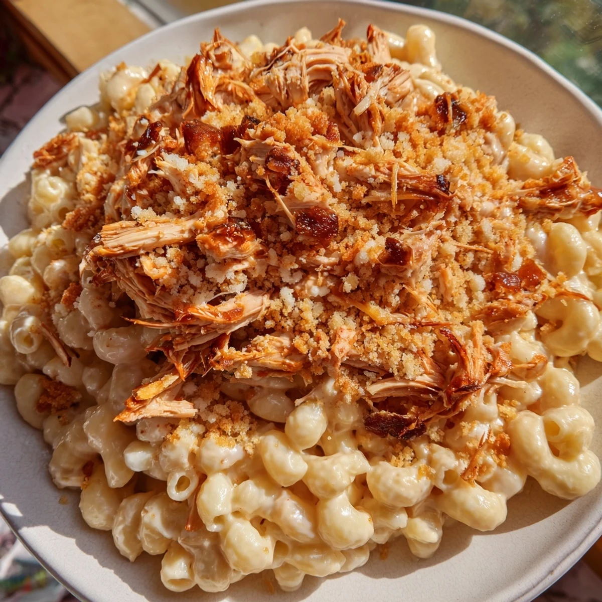 The hearty Classic Mac & Cheese with BBQ Chicken showcases a golden browned breadcrumb topping, delicious.
