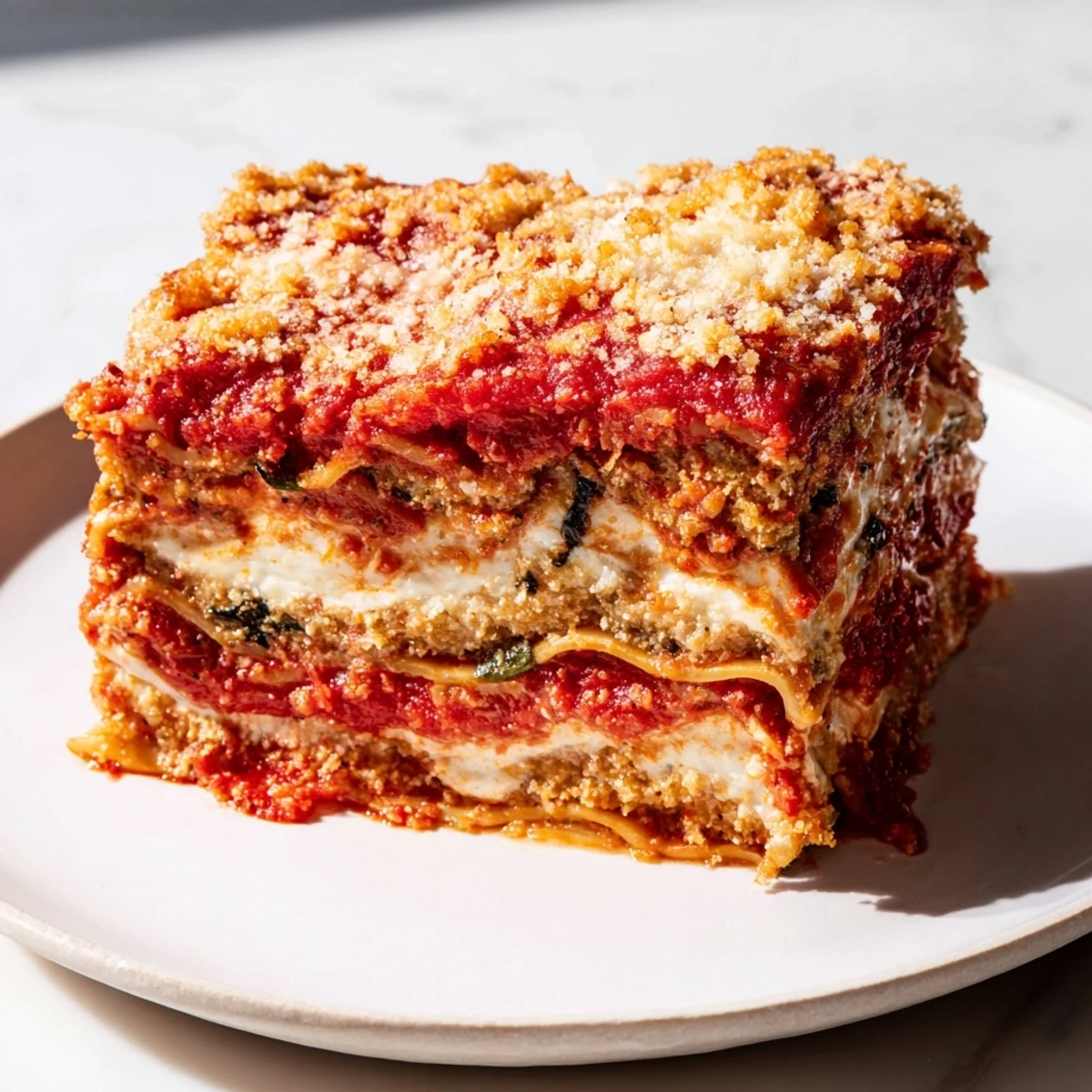 Layered Italian comfort: bubbling Eggplant Parmesan Lasagna with crispy eggplant and rich tomato sauce.