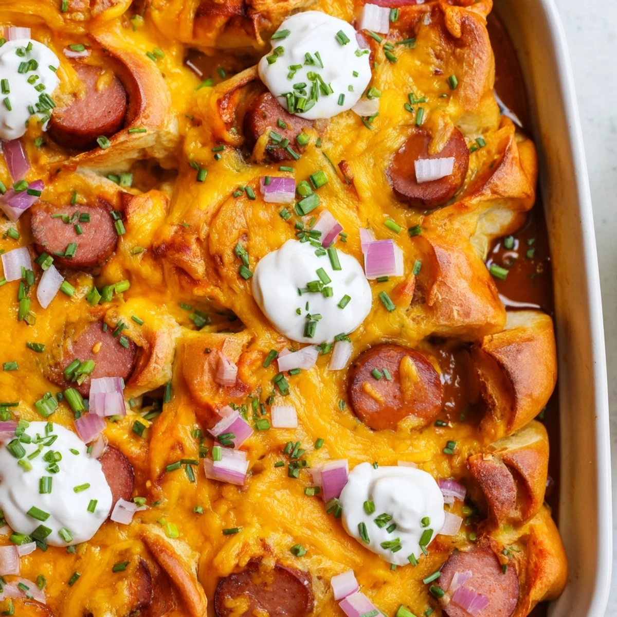 Chili Dog Casserole topped with melted cheese, a comforting baked dish with game day flavors.