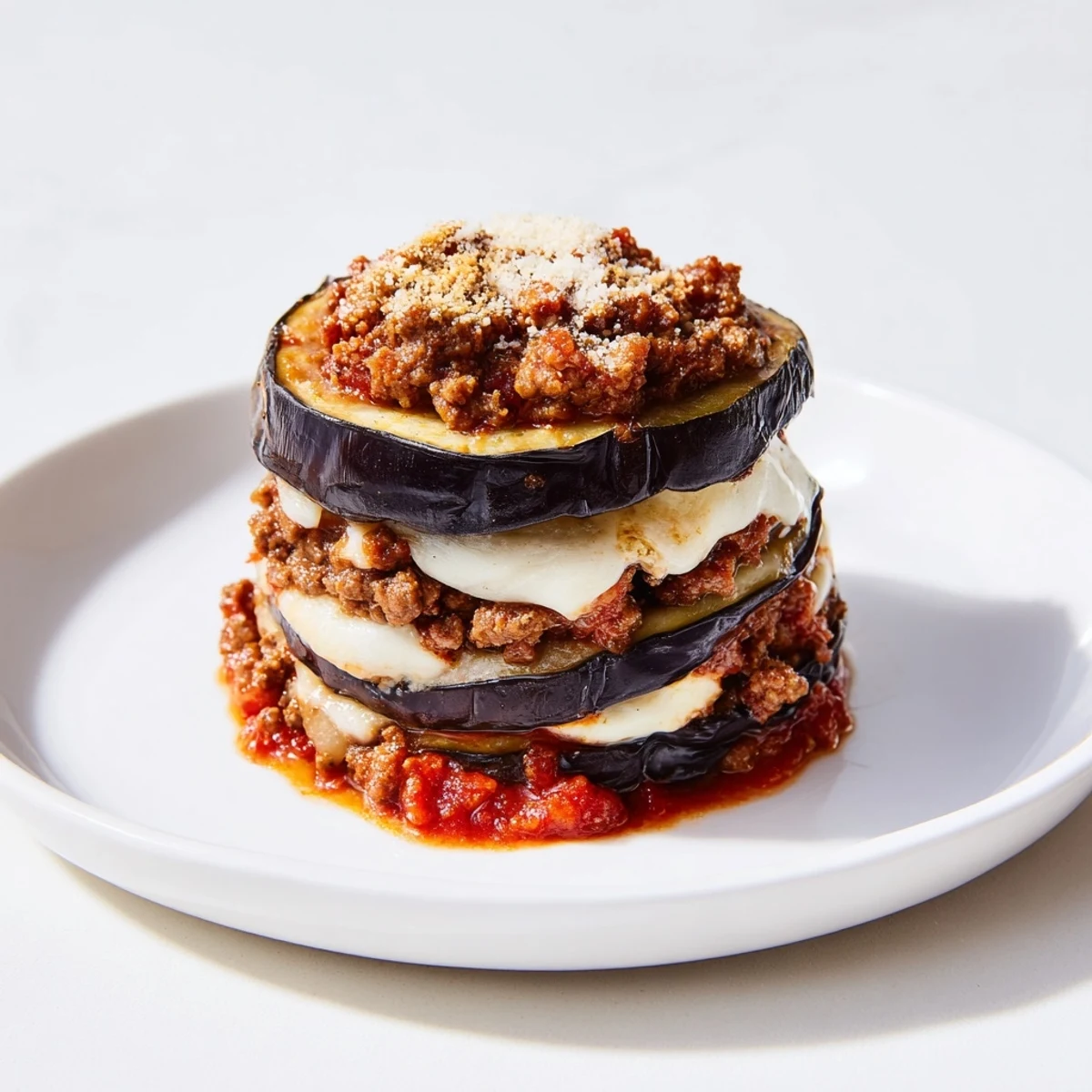 Golden-brown moussaka with layers of eggplant, savory meat, and creamy béchamel, ready to serve.