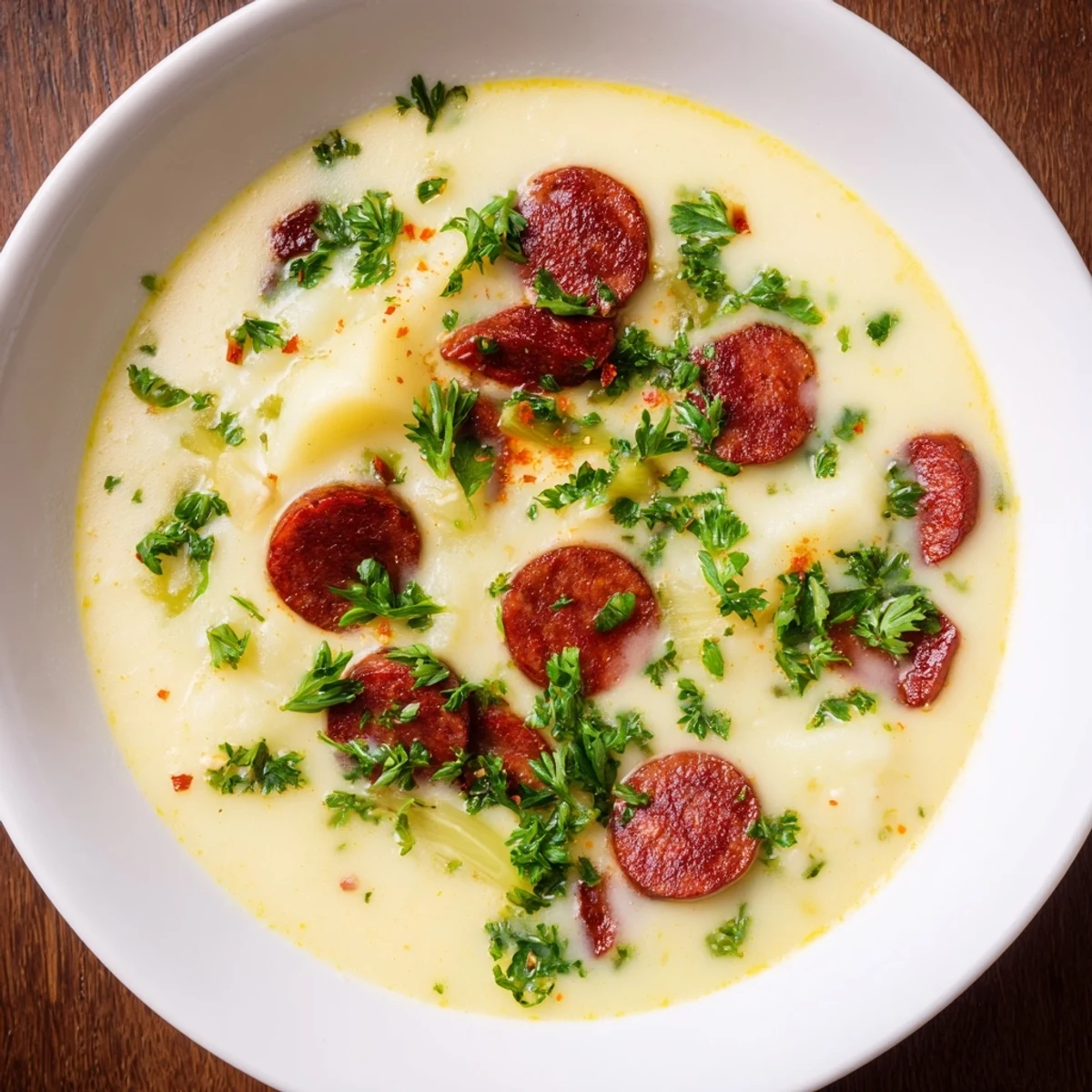 Creamy Potato, Leek & Chorizo Soup, garnished with parsley, ready to warm you.