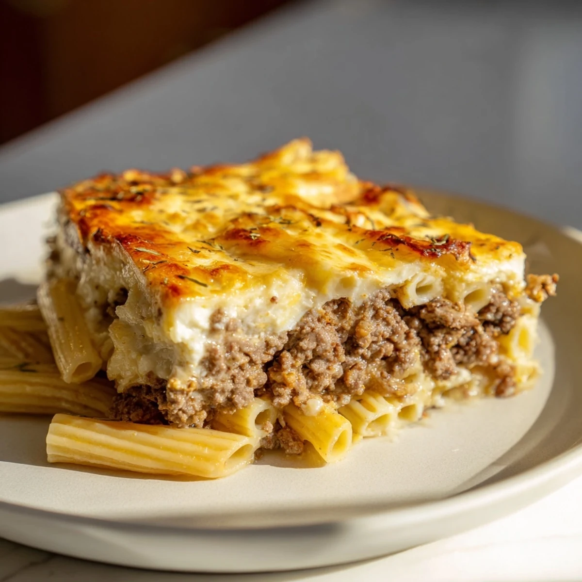 Golden, bubbly crust tops a hearty pan of Greek Pastitsio, a comforting, baked pasta dish.