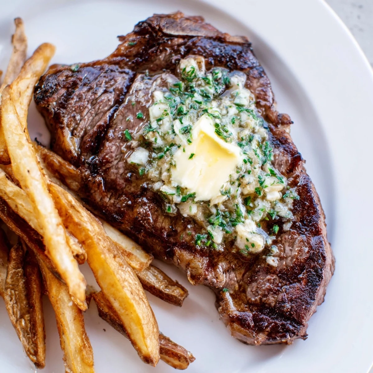 Juicy, perfectly seared Steakhouse Garlic Butter Steak & Fries, glistening with melted herb butter, served with golden fries.