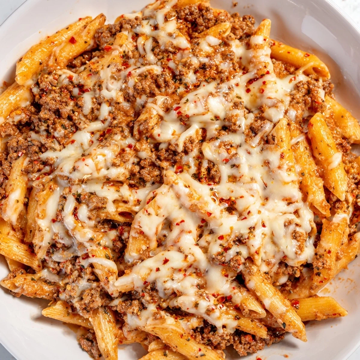 Golden, bubbly Cheesy Beef & Penne Bake, with melted mozzarella and Parmesan cheese covering the pasta.