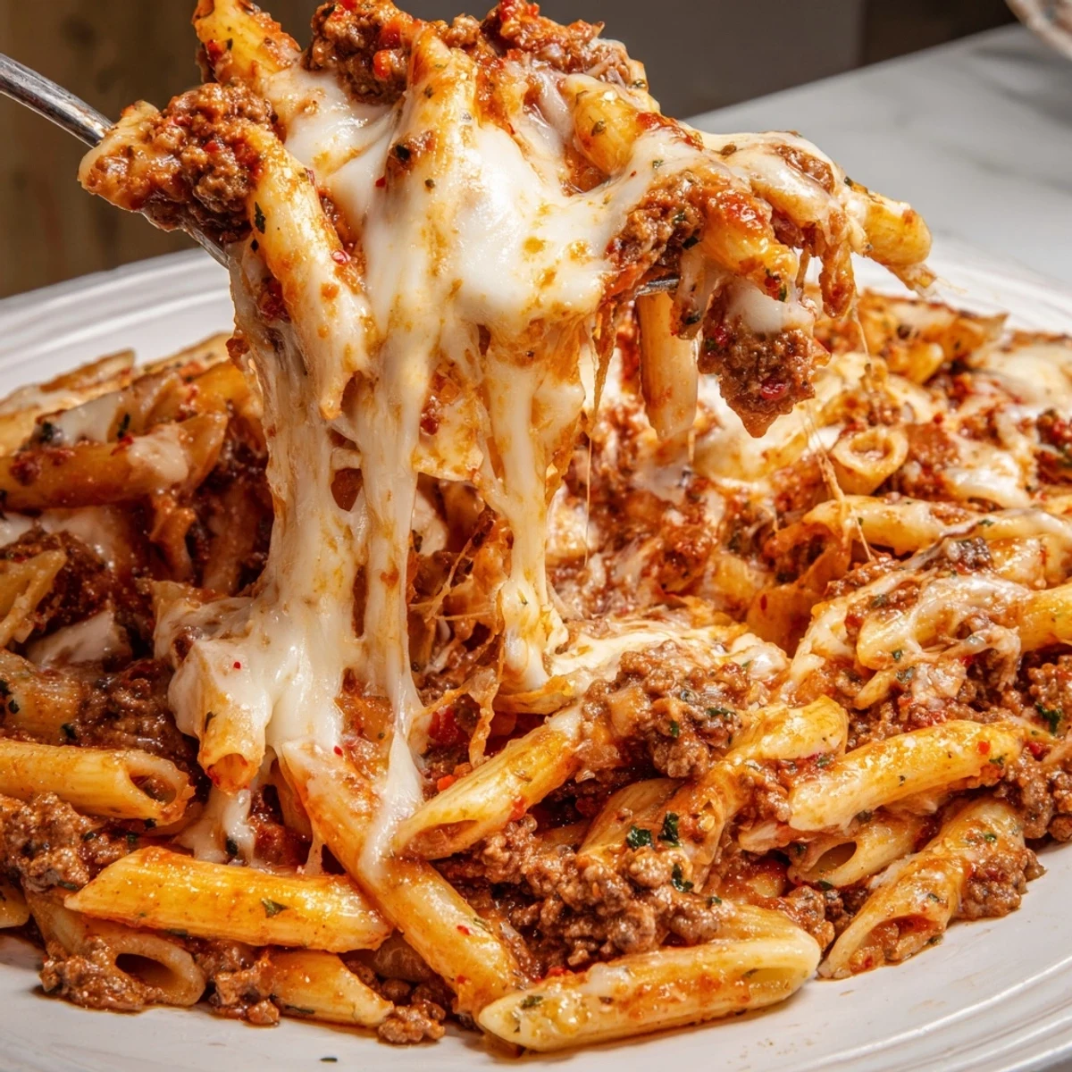 A close-up shot of the savory Cheesy Beef & Penne Bake, brimming with rich tomato sauce and ground beef.