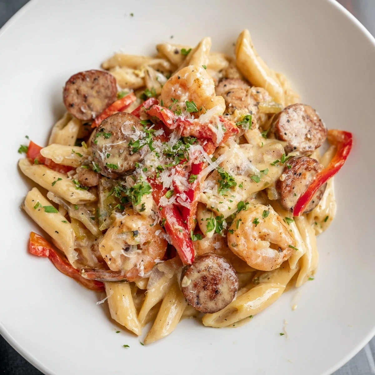 Cajun Sausage & Shrimp Alfredo Pasta Skillet sizzling with shrimp and sausage, tossed in a creamy sauce.