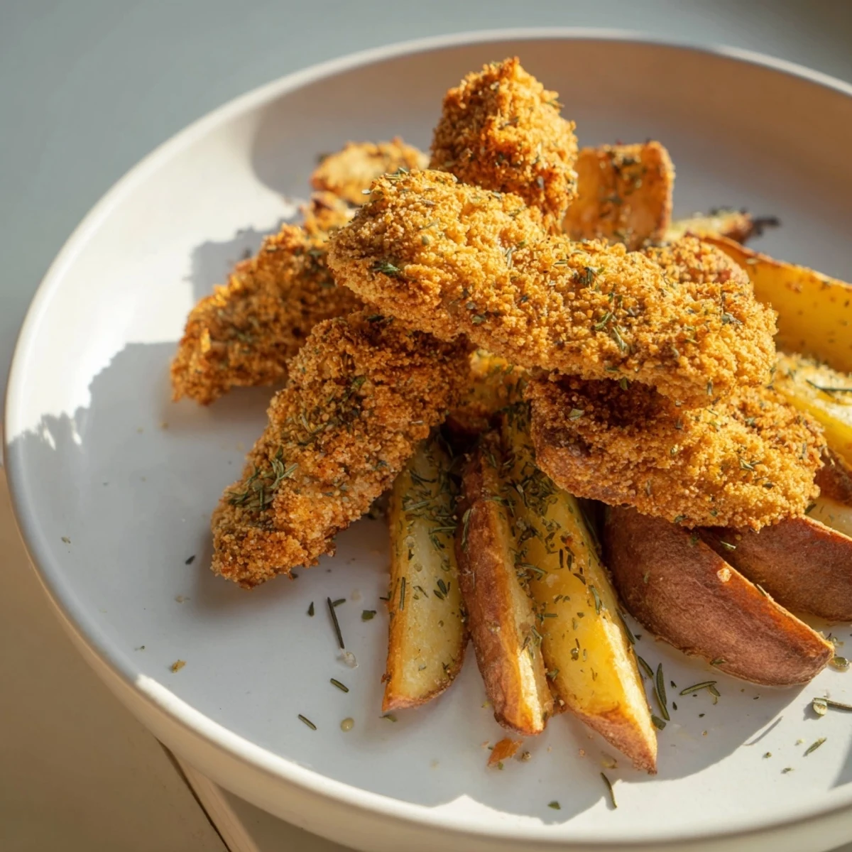 Crispy herbed chicken tenders and potato wedges; a delicious, home-cooked American meal, ready on a plate.