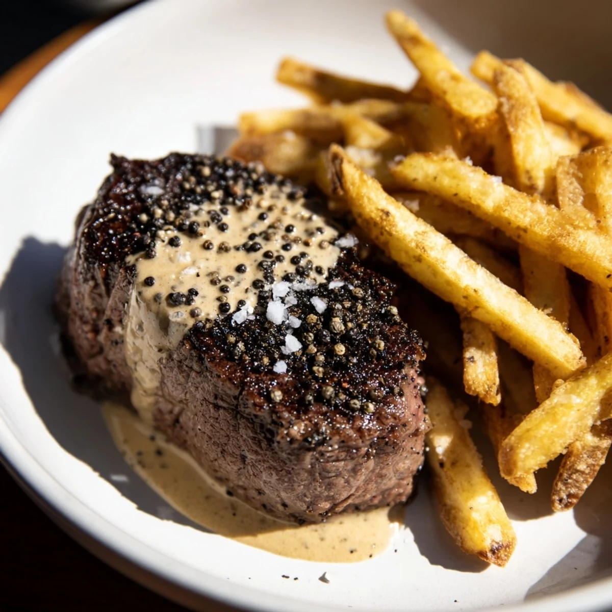 Delicious Classic Peppercorn Ribeye, seared to perfection, alongside a pile of golden-brown, crispy fries.