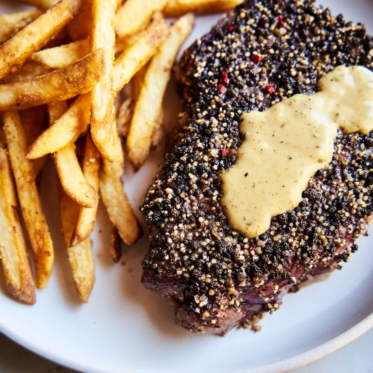 Juicy Classic Peppercorn Ribeye with a peppercorn crust, served with a side of perfectly crisp, seasoned fries.