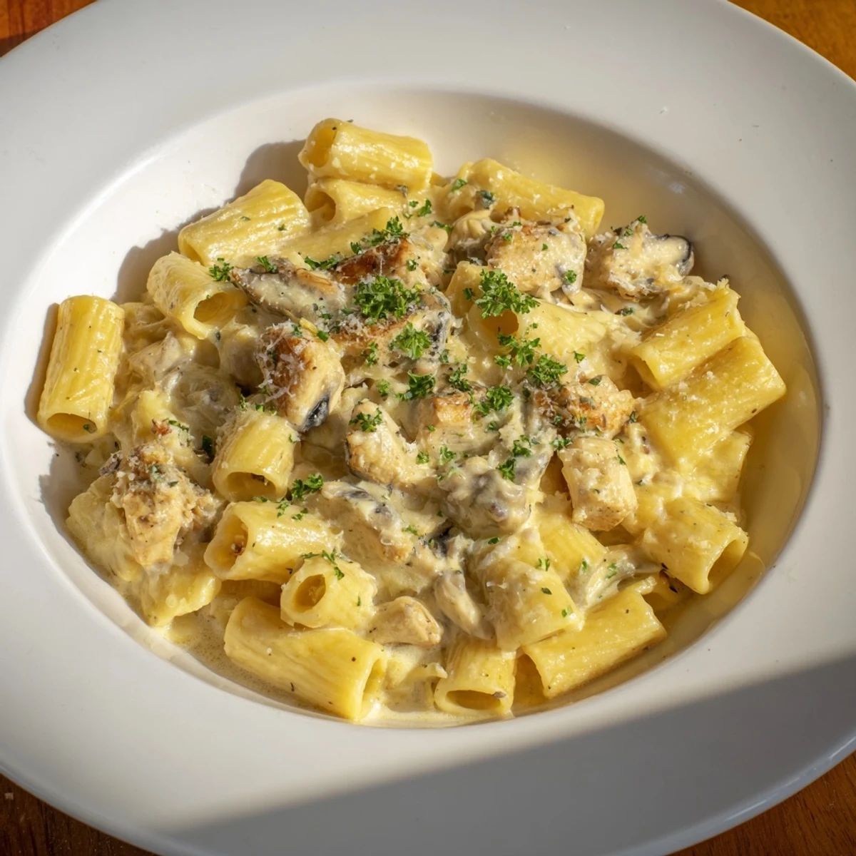 Creamy Garlic Parmesan Chicken Rigatoni with golden chicken and rich sauce, ready to serve and enjoy.