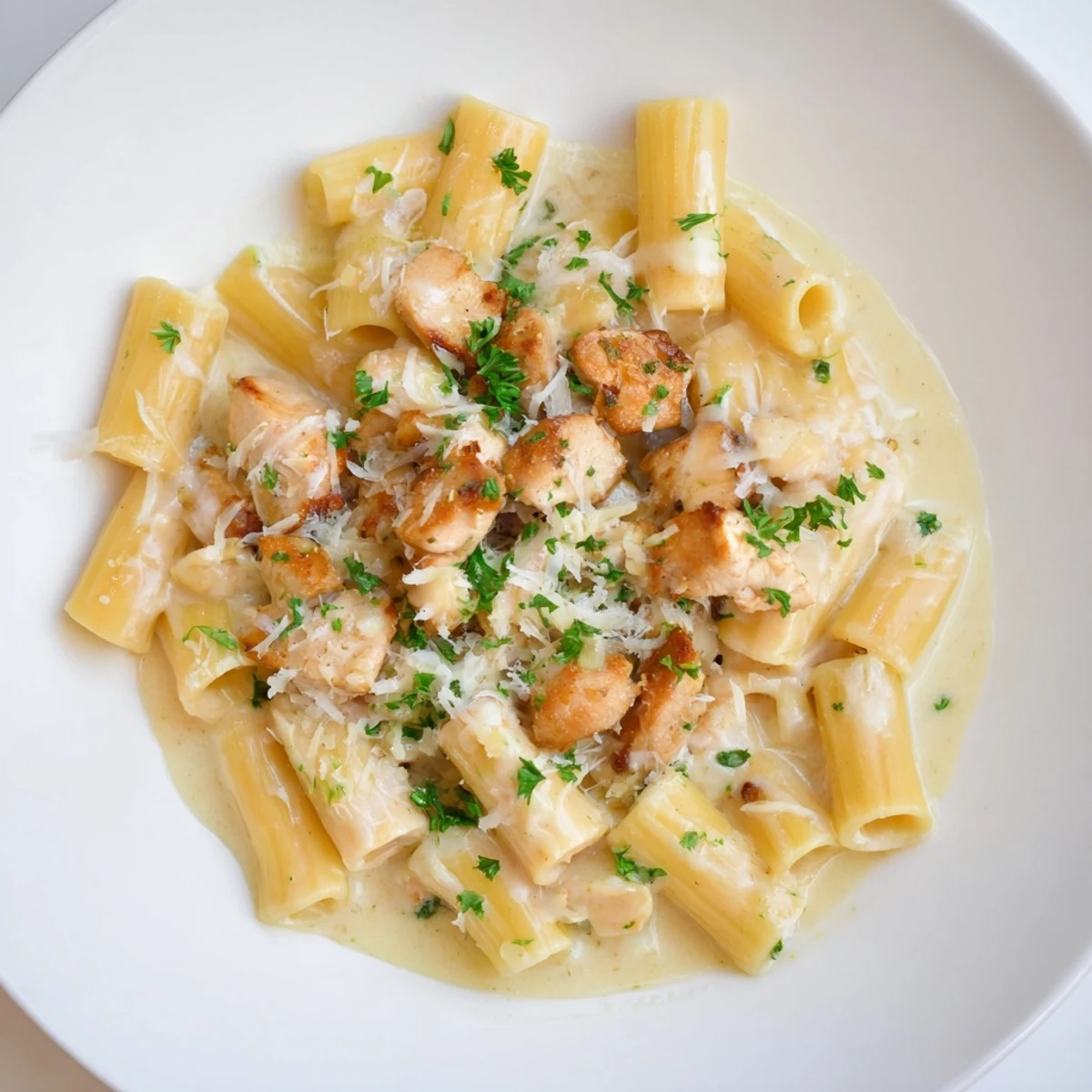 A close-up of Creamy Garlic Parmesan Chicken Rigatoni with parsley garnish, perfect for dinner.