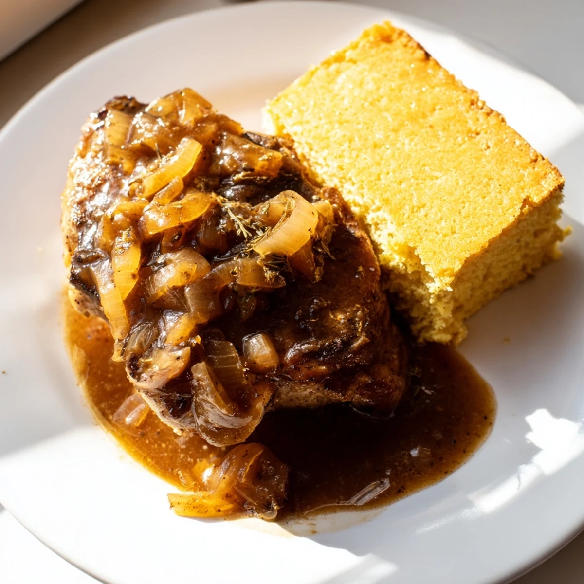 Savory gravy coats tender Smothered Pork Chops, inviting you to imagine the taste beside fluffy cornbread.
