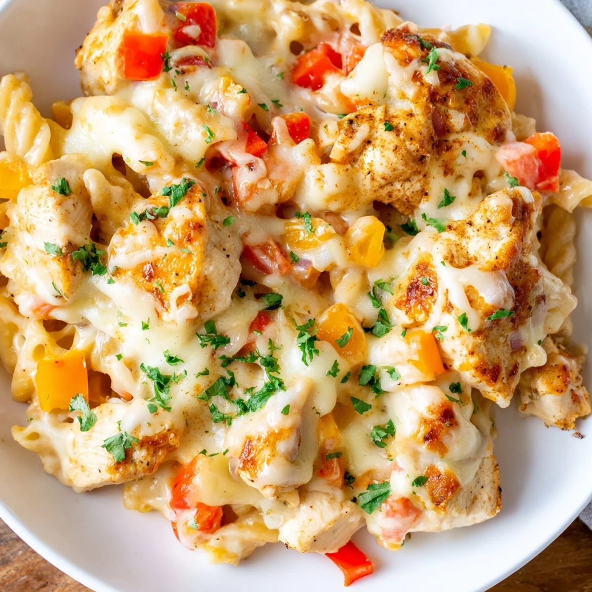 Cajun Chicken Pasta Bake, hot and cheesy, with tender pasta and a creamy, spicy sauce.