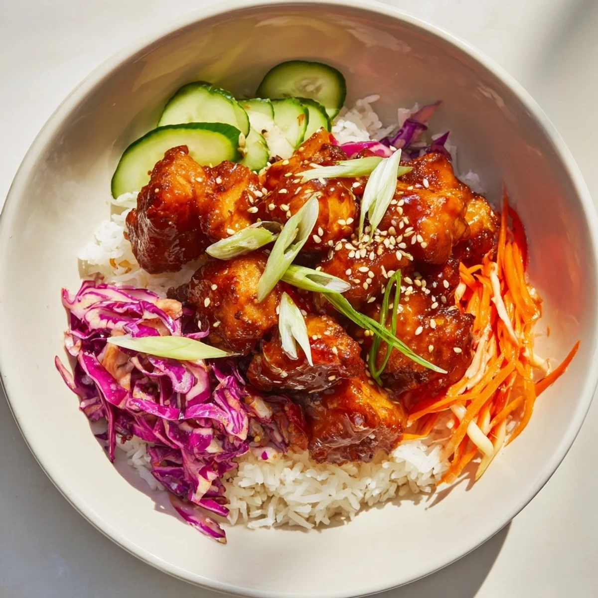 Imagine the aroma: a steaming Sriracha honey chicken rice bowl piled high with fresh, crunchy toppings.