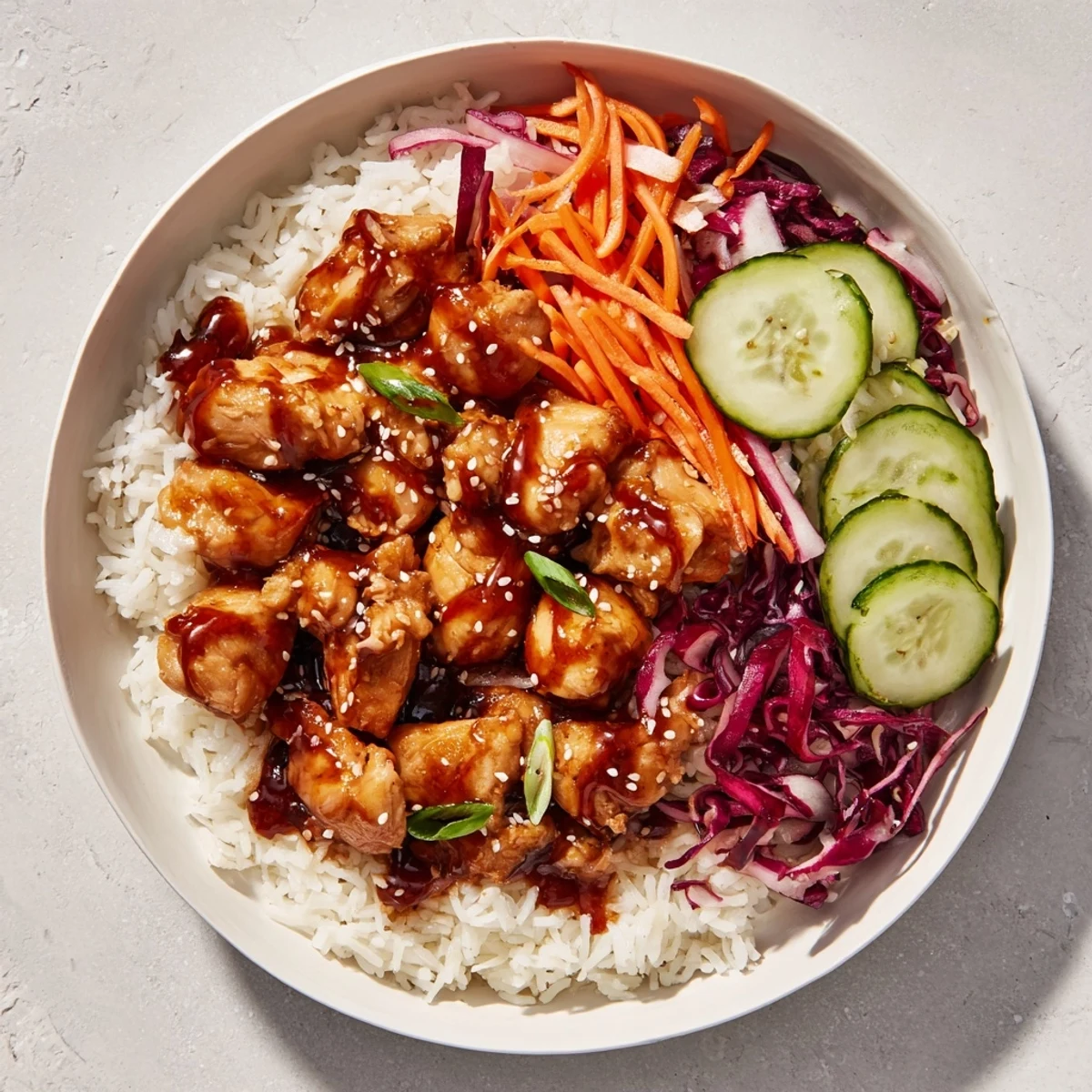 This flavorful Sriracha honey chicken rice bowl boasts colorful vegetables and a delicious sauce atop fluffy rice.