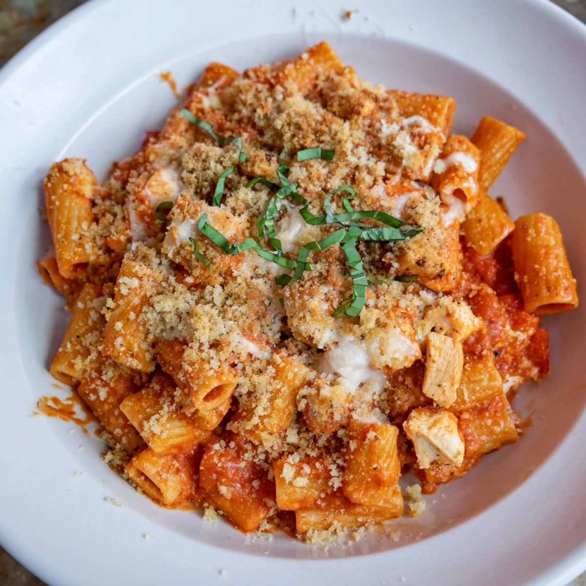 Golden, bubbly Baked Chicken Parmesan Pasta, ready to serve with fresh herbs and garlic bread.
